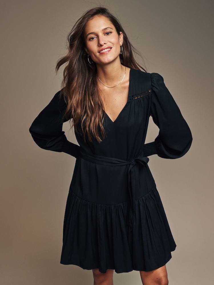 Laura Ashley Black Derwent Floral Tie Waist Mini Dress - Image 1 of 4