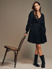 Laura Ashley Black Derwent Floral Tie Waist Mini Dress - Image 3 of 4