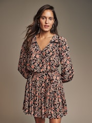 Laura Ashley Chocolate Brown Derwent Floral Tie Waist Mini Dress - Image 1 of 5