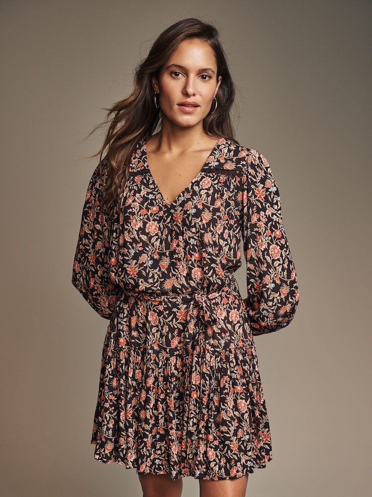 Laura Ashley Chocolate Brown Derwent Floral Tie Waist Mini Dress - Image 1 of 5