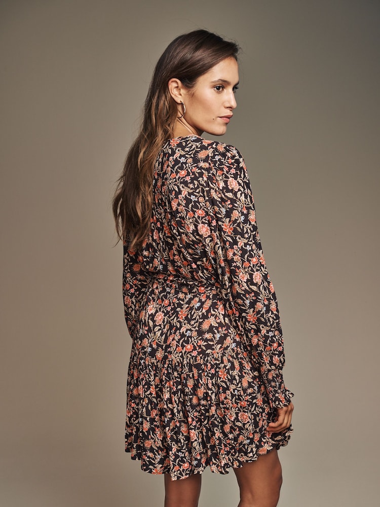 Laura Ashley Chocolate Brown Derwent Floral Tie Waist Mini Dress - Image 2 of 5