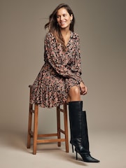 Laura Ashley Chocolate Brown Derwent Floral Tie Waist Mini Dress - Image 4 of 5