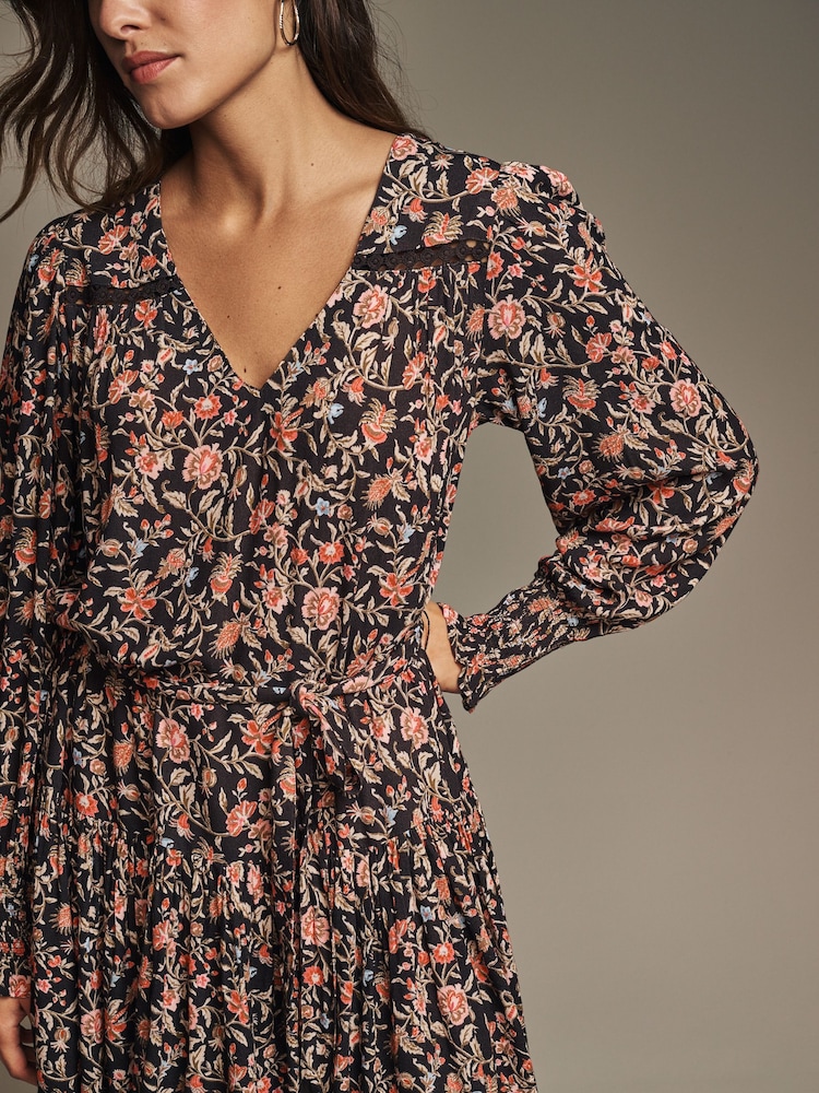 Laura Ashley Chocolate Brown Derwent Floral Tie Waist Mini Dress - Image 5 of 5