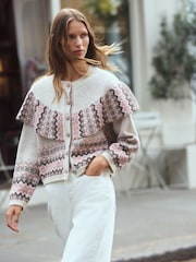 Neutral/Pink Fairisle Long Sleeve Button Through Cape Cardigan - Image 1 of 4