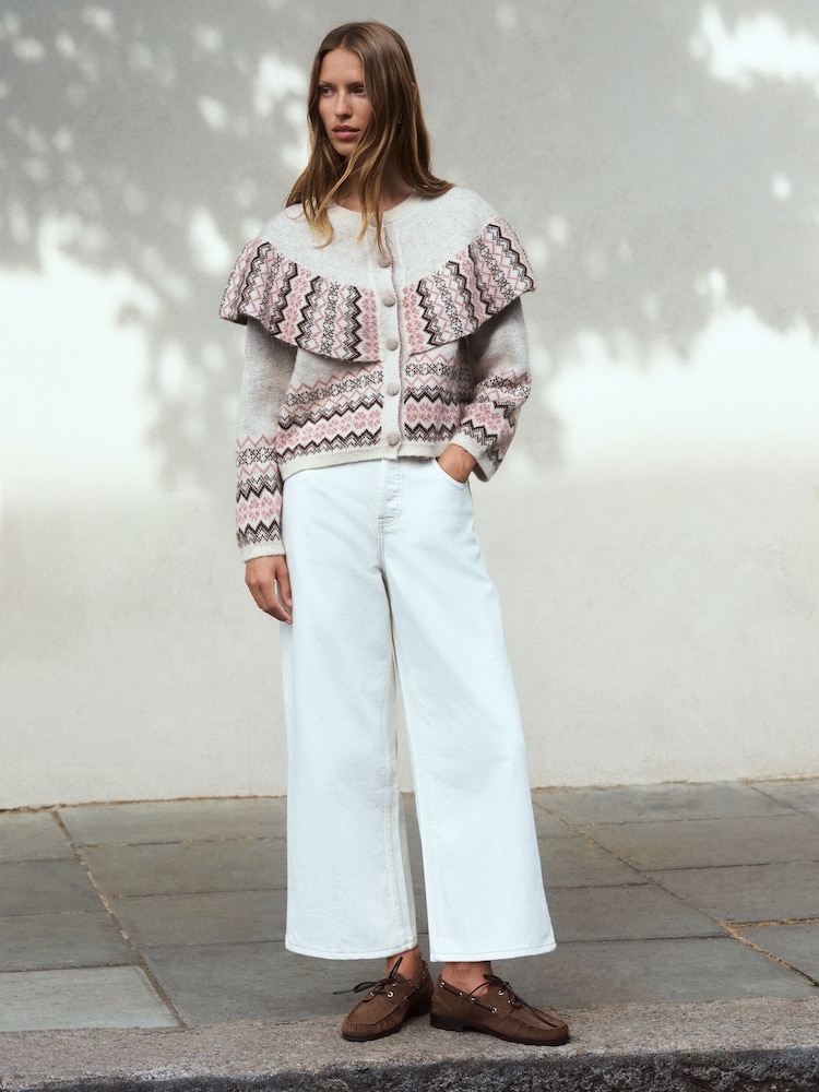 Neutral/Pink Fairisle Long Sleeve Button Through Cape Cardigan - Image 2 of 4 Neutral/Pink Fairisle Long Sleeve Button Through Cape Cardigan - Image 2 of 4