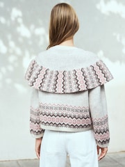Neutral/Pink Fairisle Long Sleeve Button Through Cape Cardigan - Image 4 of 4