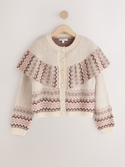 Neutral/Pink Fairisle Long Sleeve Button Through Cape Cardigan - Image 5 of 7