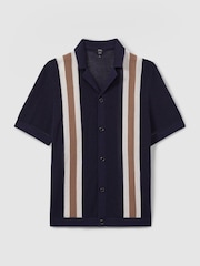 Reiss Navy/Camel Danube Reiss | Ché Knitted Contrast Stripe Cuban Collar Shirt - Image 1 of 5