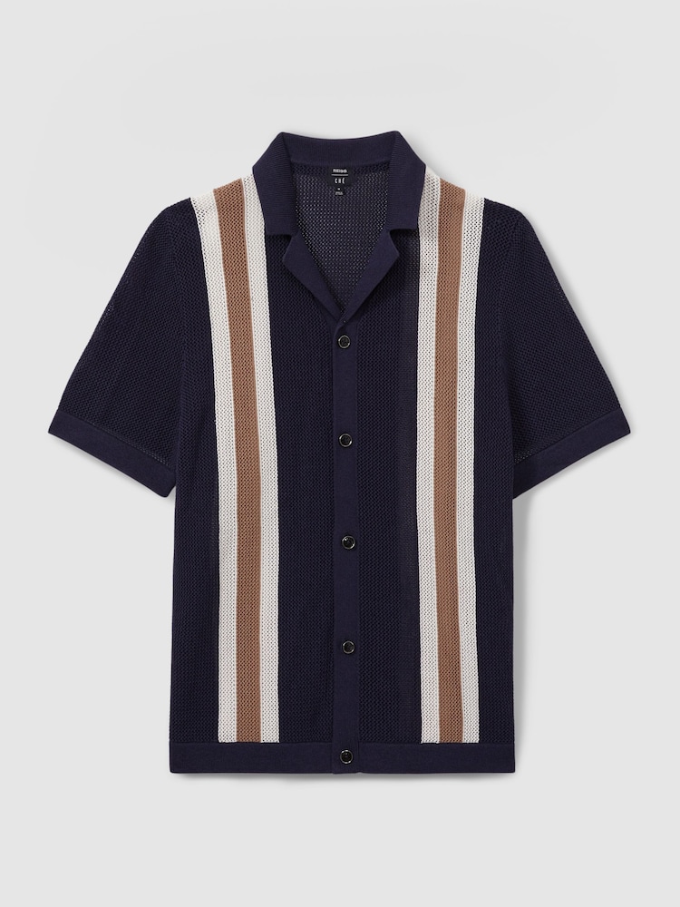 Reiss Navy/Camel Danube Reiss | Ché Knitted Contrast Stripe Cuban Collar Shirt - Image 1 of 5