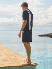 Reiss Navy/Camel Danube Reiss | Ché Knitted Contrast Stripe Cuban Collar Shirt - Image 2 of 5