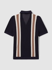 Reiss Navy/Camel Danube Reiss | Ché Knitted Contrast Stripe Cuban Collar Shirt - Image 3 of 5