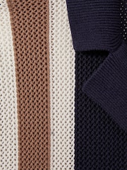 Reiss Navy/Camel Danube Reiss | Ché Knitted Contrast Stripe Cuban Collar Shirt - Image 5 of 5