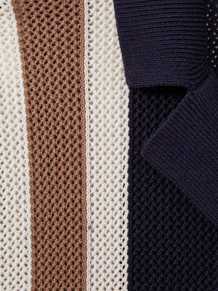 Reiss Navy/Camel Danube Reiss | Ché Knitted Contrast Stripe Cuban Collar Shirt - Image 5 of 5