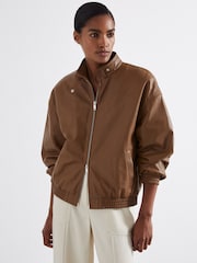 Reiss Tan Dru Atelier Leather Latched-Collar Bomber Jacket - Image 1 of 6