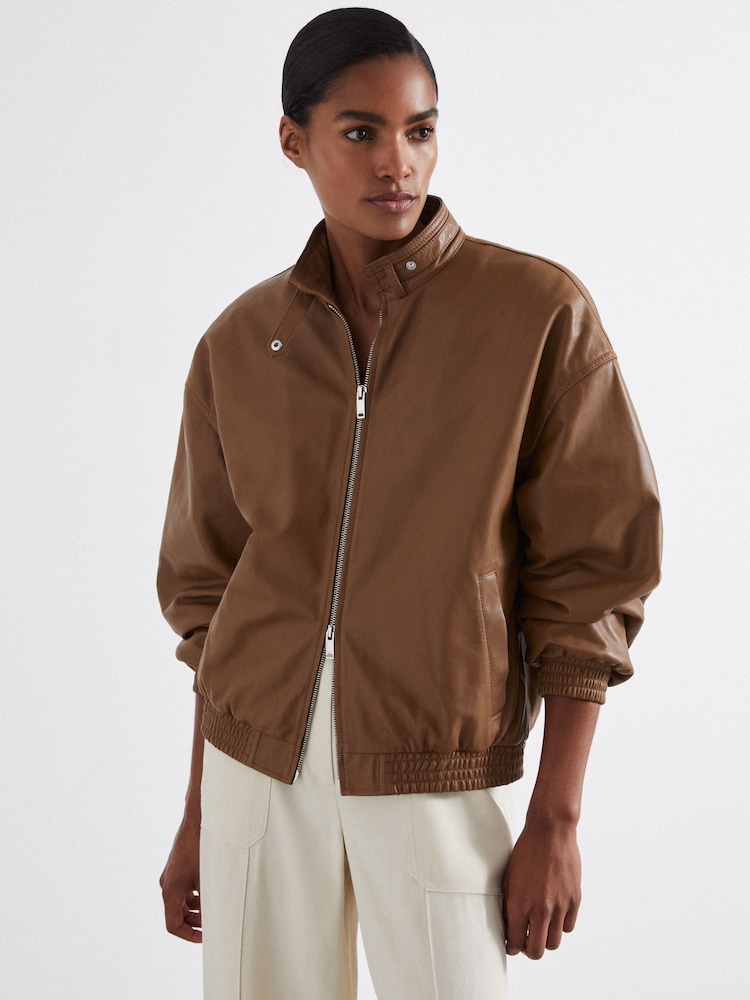 Reiss Tan Dru Atelier Leather Latched-Collar Bomber Jacket - Image 1 of 6