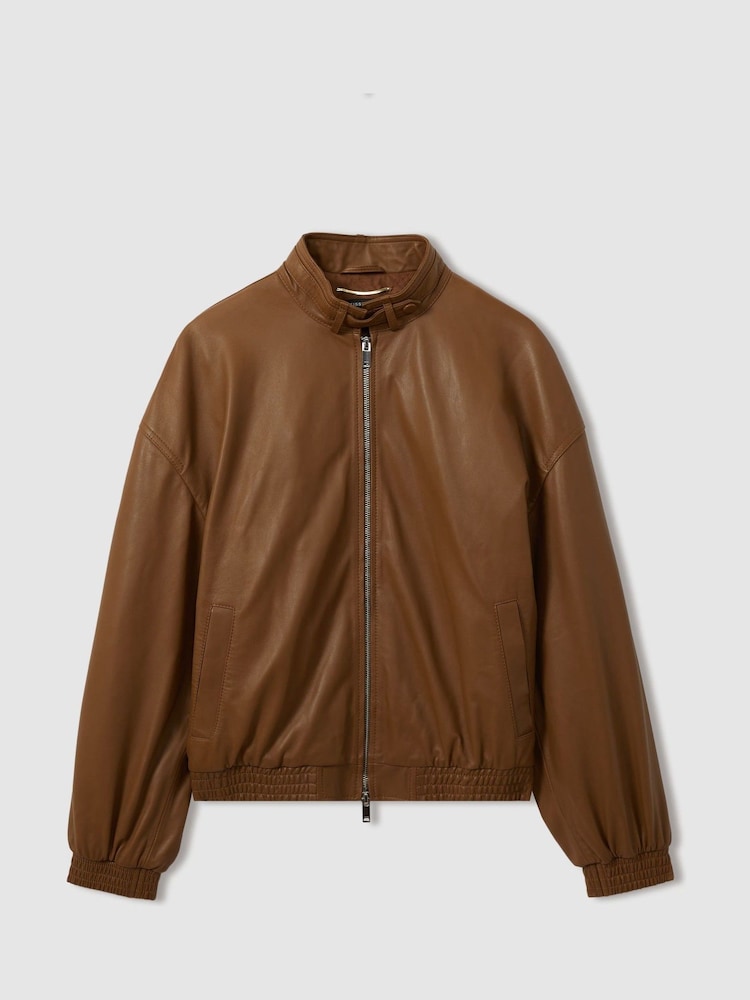 Reiss Tan Dru Atelier Leather Latched-Collar Bomber Jacket - Image 2 of 6