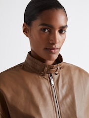 Reiss Tan Dru Atelier Leather Latched-Collar Bomber Jacket - Image 3 of 6
