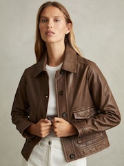 Reiss Chocolate Hanson Leather Trucker Jacket - Image 1 of 5
