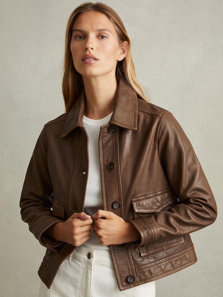 Reiss Chocolate Hanson Leather Trucker Jacket - Image 1 of 5