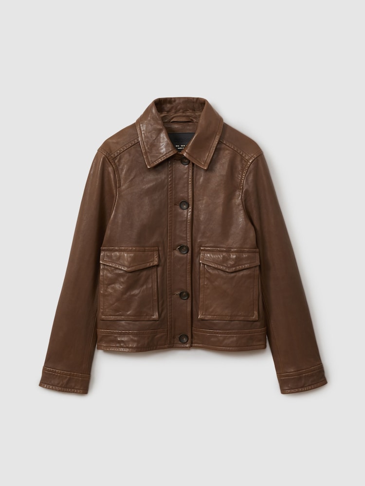 Reiss Chocolate Hanson Leather Trucker Jacket - Image 2 of 5