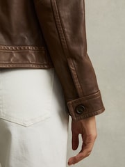 Reiss Chocolate Hanson Leather Trucker Jacket - Image 3 of 5