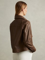 Reiss Chocolate Hanson Leather Trucker Jacket - Image 4 of 5