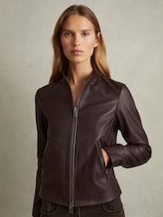 Reiss Berry Allie Leather Collarless Biker Jacket - Image 1 of 5