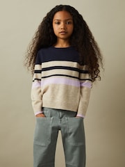 Reiss Navy Audrey 9-13 yrs Wool Blend Striped Crew Neck Jumper - Image 1 of 4