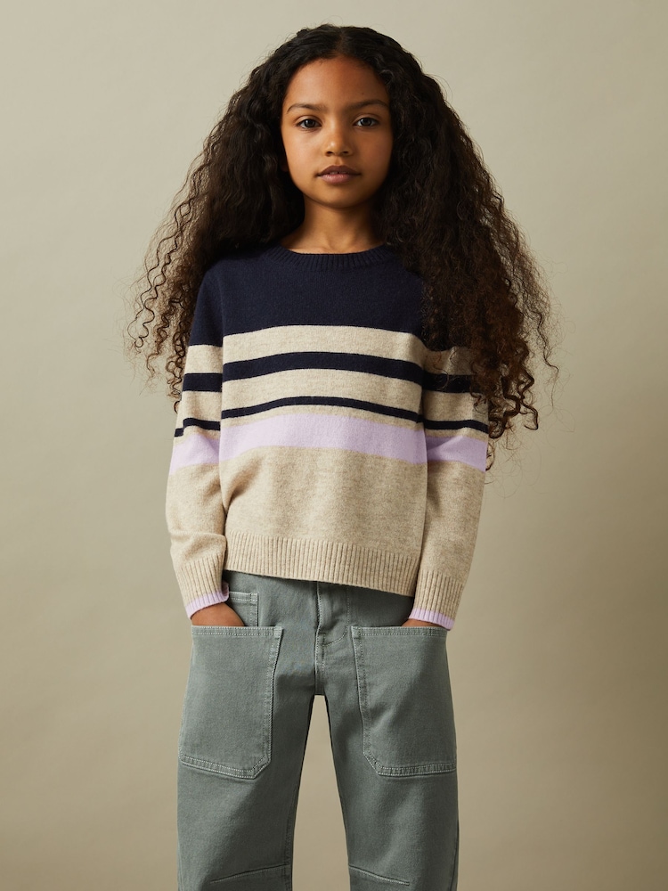 Reiss Navy Audrey 9-13 yrs Wool Blend Striped Crew Neck Jumper - Image 1 of 4