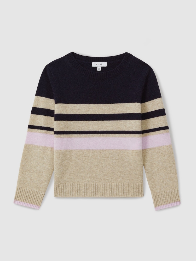 Reiss Navy Audrey 9-13 yrs Wool Blend Striped Crew Neck Jumper - Image 2 of 4
