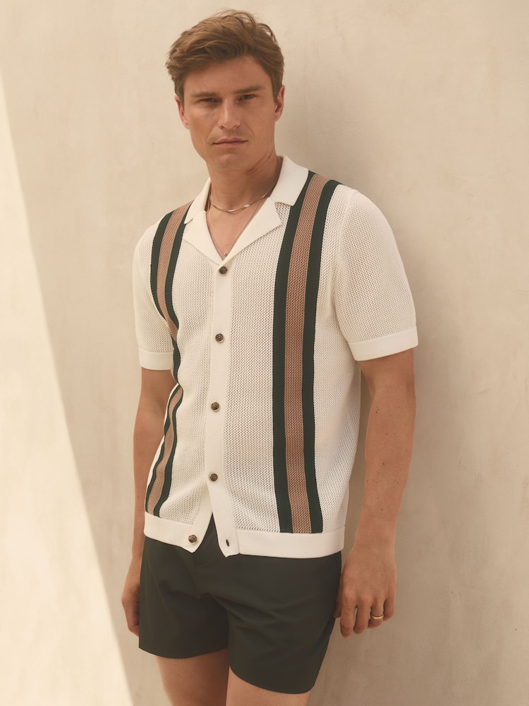 Reiss White/Dark Green Danube Reiss | Ché Knitted Contrast Stripe Cuban Collar Shirt - Image 1 of 5