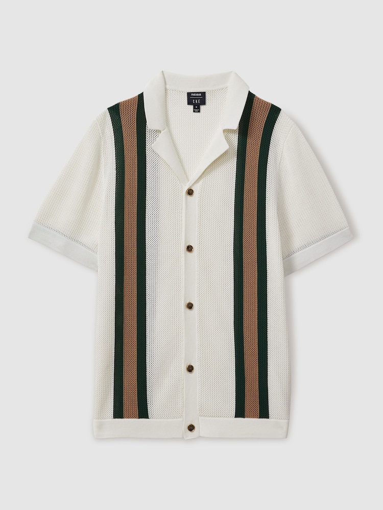 Reiss White/Dark Green Danube Reiss | Ché Knitted Contrast Stripe Cuban Collar Shirt - Image 2 of 5