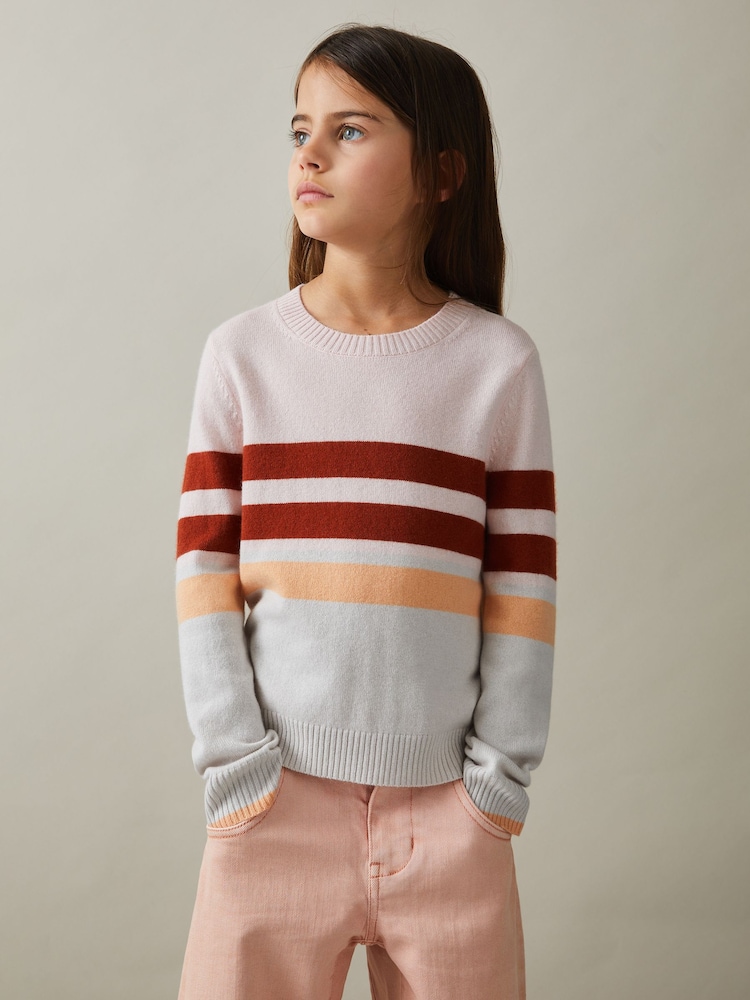 Reiss Pink Audrey 9-13 yrs Wool Blend Striped Crew Neck Jumper - Image 1 of 4