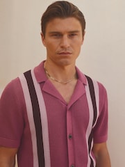 Reiss Pink Multi Danube Reiss | Ché Knitted Contrast Stripe Cuban Collar Shirt - Image 1 of 6