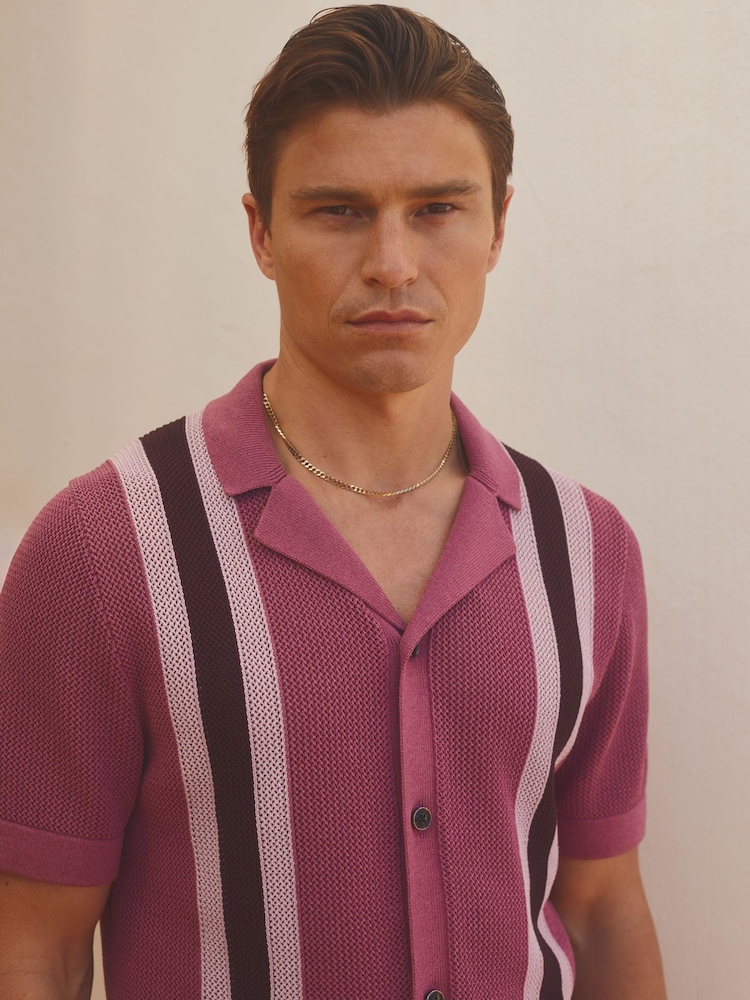 Reiss Pink Multi Danube Reiss | Ché Knitted Contrast Stripe Cuban Collar Shirt - Image 1 of 6