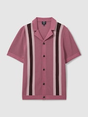 Reiss Pink Multi Danube Reiss | Ché Knitted Contrast Stripe Cuban Collar Shirt - Image 2 of 6