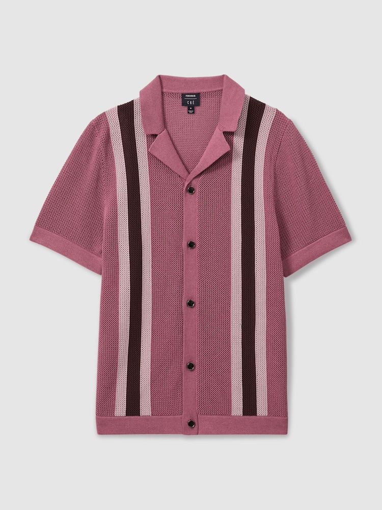 Reiss Pink Multi Danube Reiss | Ché Knitted Contrast Stripe Cuban Collar Shirt - Image 2 of 6
