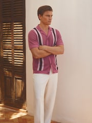 Reiss Pink Multi Danube Reiss | Ché Knitted Contrast Stripe Cuban Collar Shirt - Image 3 of 6