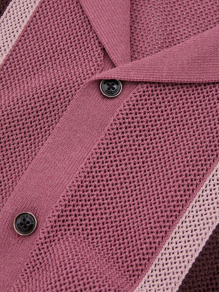 Reiss Pink Multi Danube Reiss | Ché Knitted Contrast Stripe Cuban Collar Shirt - Image 6 of 6