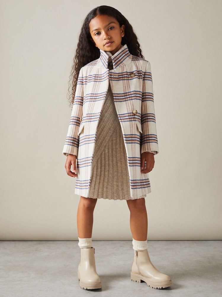 Reiss Brown Claude 9-13 yrs Wool Blend Checked Asymmetric Funnel Neck Coat - Image 1 of 4