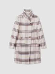 Reiss Brown Claude 9-13 yrs Wool Blend Checked Asymmetric Funnel Neck Coat - Image 2 of 4