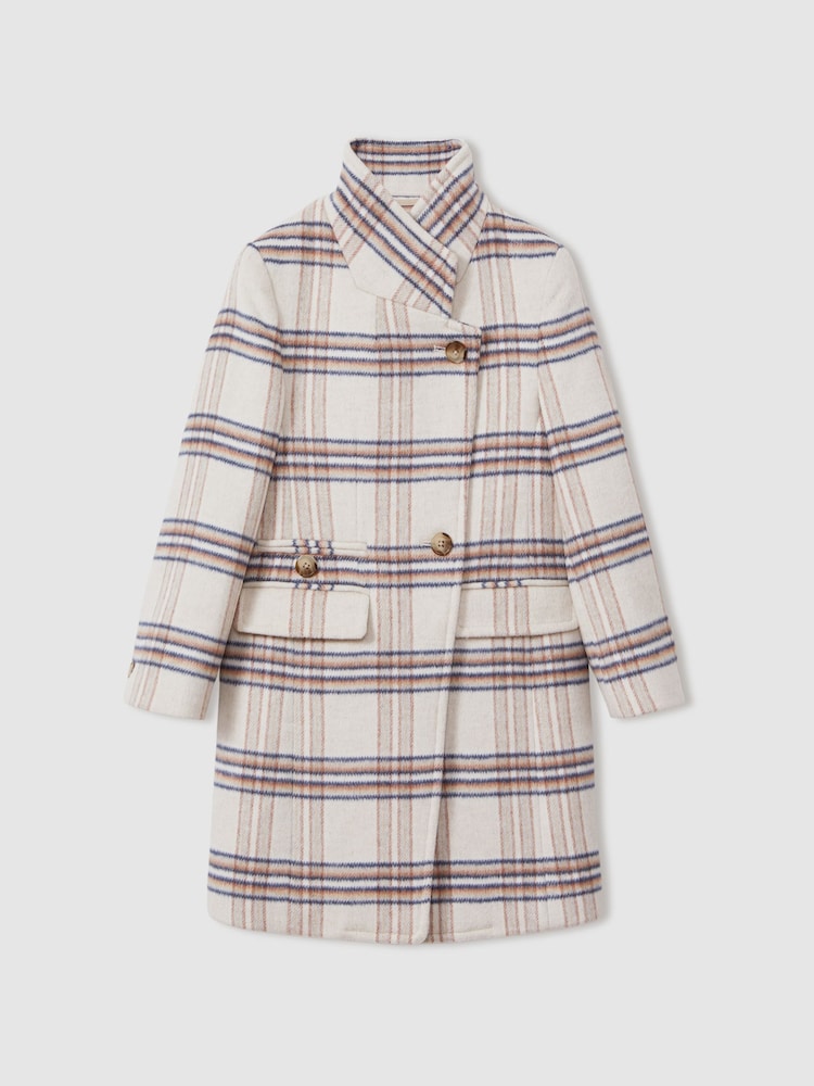 Reiss Brown Claude 9-13 yrs Wool Blend Checked Asymmetric Funnel Neck Coat - Image 2 of 4