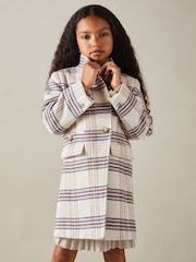 Reiss Brown Claude 9-13 yrs Wool Blend Checked Asymmetric Funnel Neck Coat - Image 3 of 4