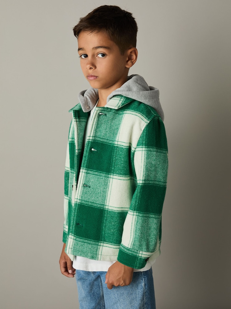 Reiss Green/Off White Mcfadden Wool-Blend Checked-Twill Overshirt - Image 1 of 4