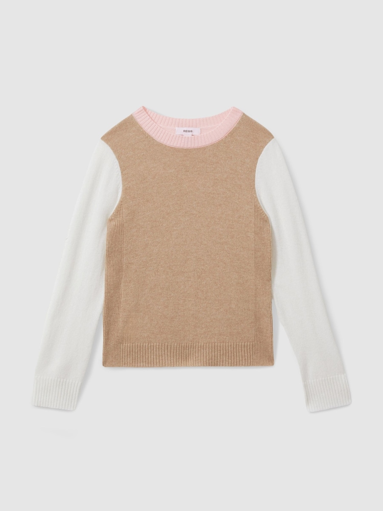 Reiss Camel Audrey 4-9 yrs Wool Blend Striped Crew Neck Jumper - Image 2 of 4