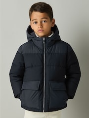 Reiss Navy Rigel 3-9 yrs Hooded Twill and Shell Puffer Jacket - Image 3 of 4