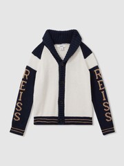 Reiss Off White/Navy Huston Knitted Varsity Cardigan - Image 1 of 5