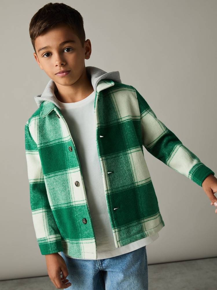 Reiss Green/Off White Mcfadden Wool-Blend Checked-Twill Overshirt - Image 1 of 4
