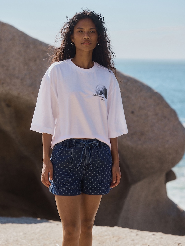 Dark Blue Polka Dot Pull-On Utility Denim Shorts - Image 1 of 7 Dark Blue Polka Dot Pull-On Utility Denim Shorts - Image 1 of 7