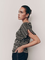 Green Geo Print Flutter Sleeve Textured Smart Top - Image 1 of 7